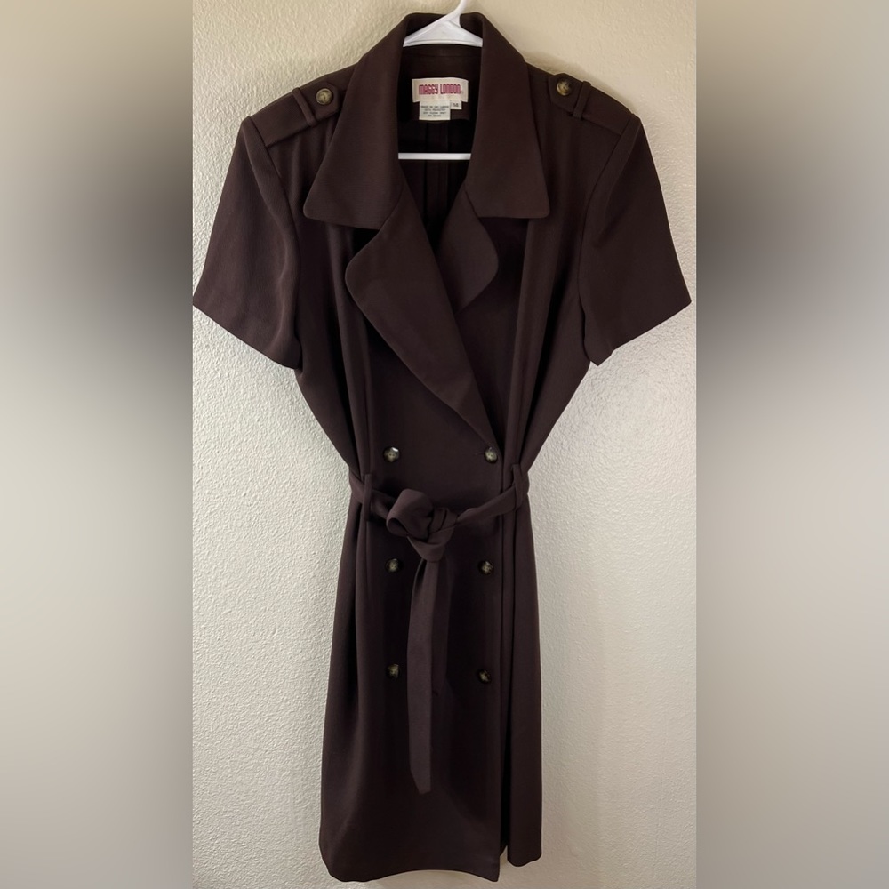 Maggy London Vintage Short Sleeve Trench Coat Wrap Dress Chocolate Brown Size 14